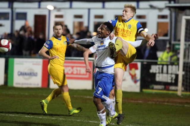 Action from AFC Rushden & Diamonds v Spalding (yellow). Photo: Alison Bagley.
