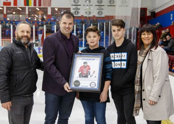 Craig Britton after being inducted into the Hall of Honour. From the left are Dave Lane (Phantoms owner), Craig Britton, Craigs sons Fin and Seb and Jo Lane (Phantoms owner).