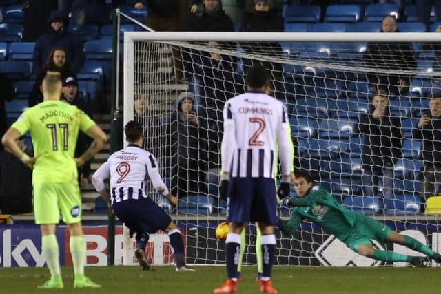 Millwall striker Lee Gregory slams the winning penalty past Posh goalkeeper Luke McGee. Photo: Joe Dent/theposh.com.