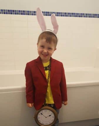 Tristan Harvey aged 3 going to pre school as The White rabbit from Alice in Wonderland today. Thanks to Penni Harvey for the photo.