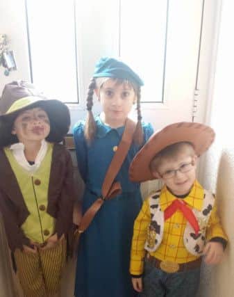 Catherine Tilley sent us this great  photo of her childern -  Amy aged 9 from Watergall Primary School dressed as a evacuee girl from Goodnight Mister Tom. Benjamin aged 5 from Watergall Primary School dressed as Artful Dogder from Oliver Twist. Reagan aged 3 from Bretton Pre School dressed as Woody from Toy Story