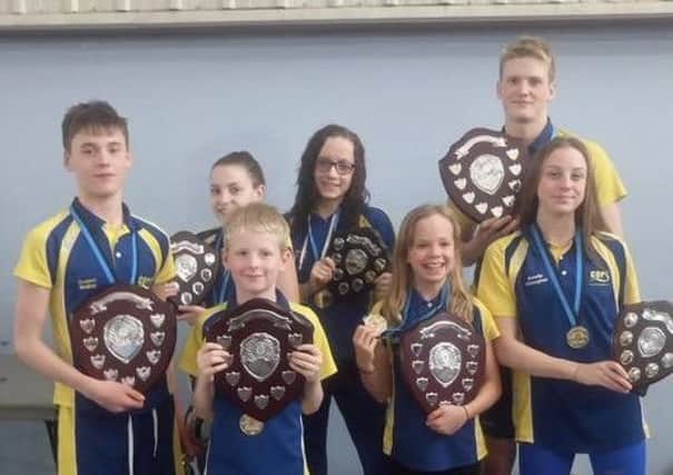 COPS age group winners at the county championships were, from the left, Connor Walker, Eve Wright, Jack Underwood, Brenna Howell, Ruby Blakeley, Myles Robinson-Young and Amelia Monaghan.