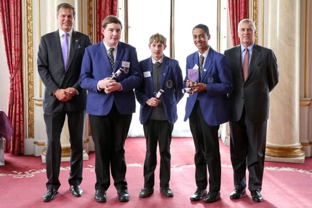 The Hampton team which finished runner up  in Dragons Den star Peter Jones CBEs nationwide enterprise competition, Tycoon in Schools, meet HRH The Duke of York and Peter Jones CBE at Buckingham Palace