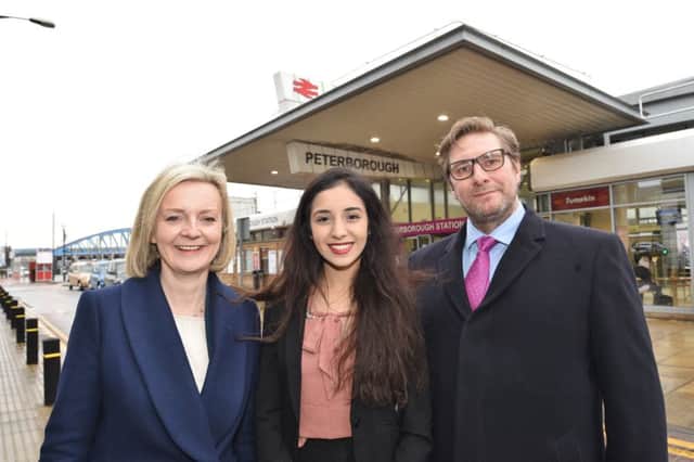 Justice Secretary Liz Truss pictured in Peterborough with Youth MP Ayesha Khan and James Palmer, Cambs mayoral candidate EMN-170303-182658009
