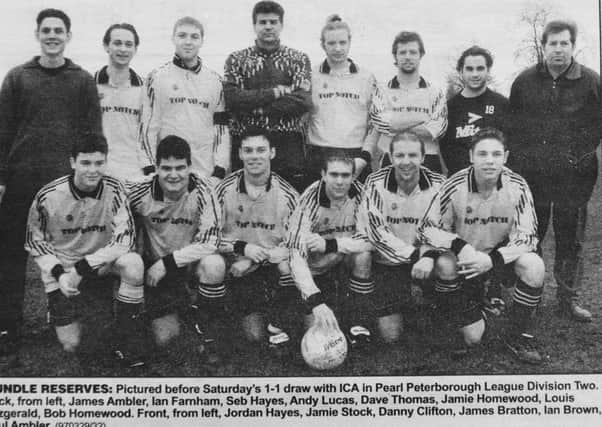 Pictured 20 years ago is the Oundle Town FC reserve team that played in Division Two of the Peterborough League. The photograph was taken before a 1-1 draw with ICA Juventus. From the left are, back, James Ambler, Ian Farnham, Seb Hayes, Andy Lucas, Dave Thomas, Jamie Homewood, Louis Fitzgerald, Bob Homewood, front, Jordan Hayes, Jamie Slack, Danny Clifton, James Bratton, Ian Brown and Paul Ambler.