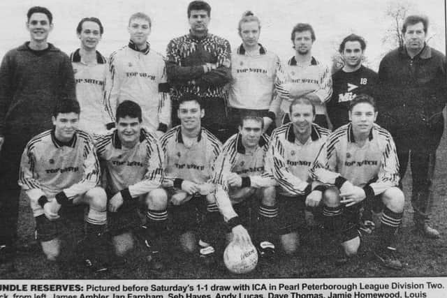 Pictured 20 years ago is the Oundle Town FC reserve team that played in Division Two of the Peterborough League. The photograph was taken before a 1-1 draw with ICA Juventus. From the left are, back, James Ambler, Ian Farnham, Seb Hayes, Andy Lucas, Dave Thomas, Jamie Homewood, Louis Fitzgerald, Bob Homewood, front, Jordan Hayes, Jamie Slack, Danny Clifton, James Bratton, Ian Brown and Paul Ambler.