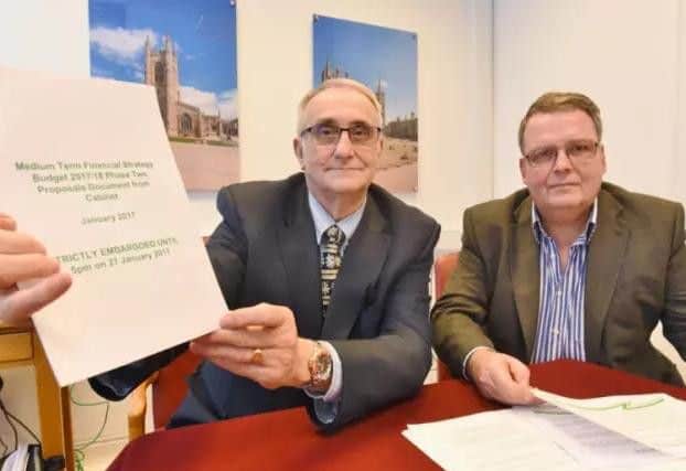 Council leader Cllr John Holdich (holding the budget) with cabinet member for resources Cllr David Seaton