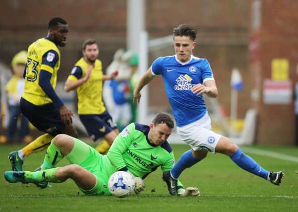 Posh striker Tom Nichols turns away from goal in the 2-1 home defeat at the hands of Oxford. Photo: Joe Dent/theposh.com.