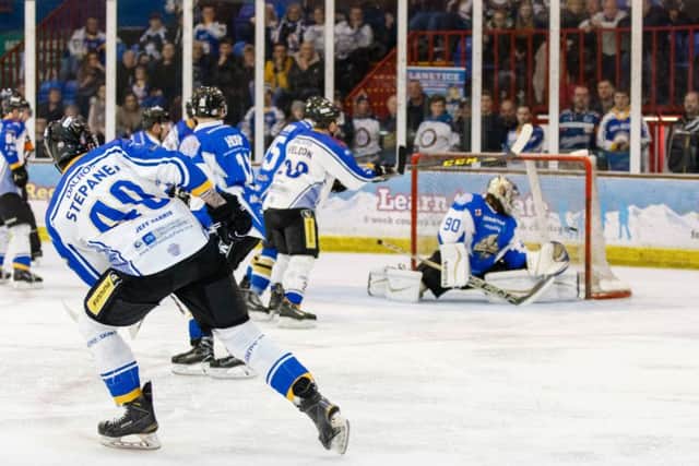 Phantoms' Petr Stepanek watches his shot hit the back of the net for the equaliser against MK. Tom Scott - AMOimages.com.