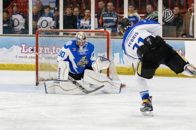 Phantoms# star Edgars Bebris's shot is saved by MK Lightning's Man of the Match Przemyslaw Odrobny. Tom Scott - AMOimages.com