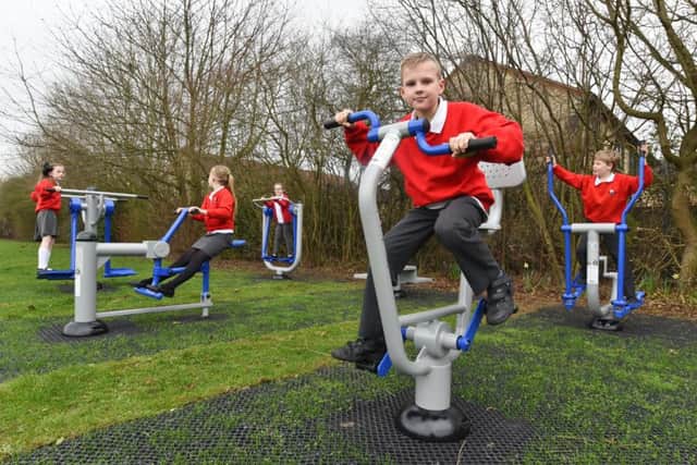 Pupils at Heritage Park primary school using their new outdoor excercise equiptment. Pictured  in front is Ben Adler EMN-171103-215555009