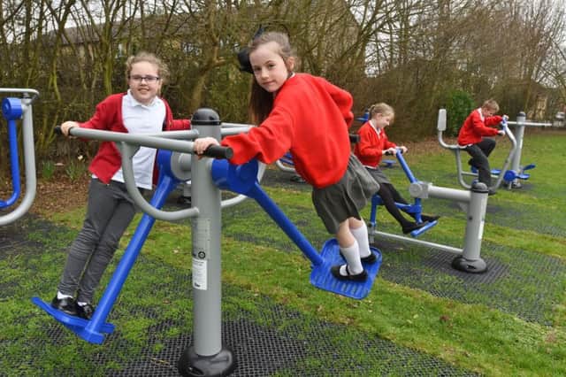 Pupils at Heritage Park primary school using their new outdoor excercise equiptment. Pictured are Zuzia Walczak and Sienna Harrold EMN-171103-215530009