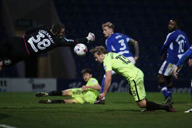 Craig Mackail-Smith's late header at Chesterfield that was ruled out for offside. Photo: Joe Dent/theposh.com.