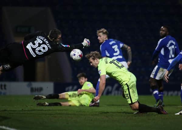 Craig Mackail-Smith's late header at Chesterfield that was ruled out for offside. Photo: Joe Dent/theposh.com.