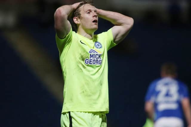 Posh man of the match Craig Mackail-Smith has just struck the crossbar at Chesterfield. Photo: Joe Dent/theposh.com.
