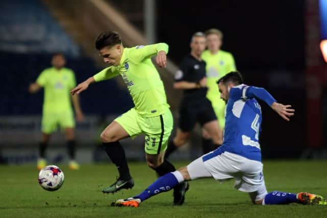 Posh striker Tom Nichols on the attack at Chesterfield. Photo: Joe Dent/theposh.com.