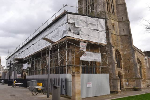 Exterior of scaffolding at St John's church, Cathedral Square. EMN-170314-165636009