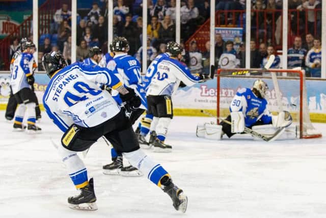 Petr Stepanek watches his shot hit the back of the net for the equaliser against Milton Keynes. Picture: Tom Scott
