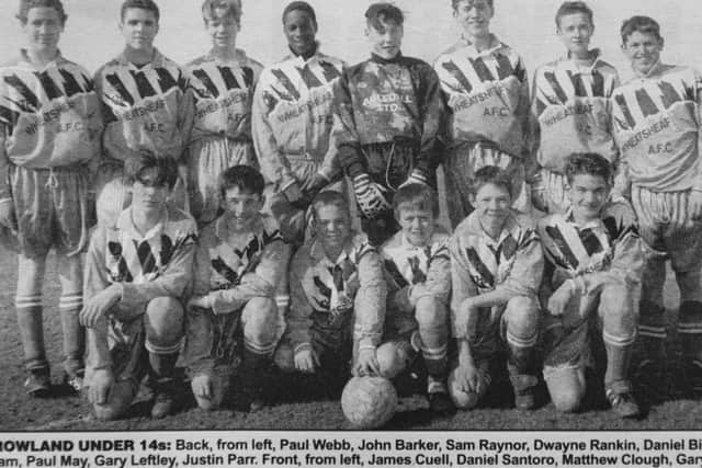 Pictured 20 years ago is the Crowland Under 14 team that was riding high at the top of Division One in the Junior Alliance League. The picture was taken before a 6-0 thrashing of Peterborough City.  The goals were scored by Paul May (2), Daniel Santoro (2), John Barker and Dwayne Rankin. From the left are, back, Paul Webb, John Barker, Sam Raynor, Dwayne Rankin, Daniel Bircham, Paul May, Gary Leftley, Justin Parr, front, James Cuell, Daniel Santoro, Matthew Clough, Gary Jackson, Michael Brown and Darren Cross.