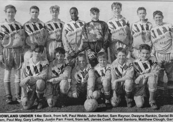 Pictured 20 years ago is the Crowland Under 14 team that was riding high at the top of Division One in the Junior Alliance League. The picture was taken before a 6-0 thrashing of Peterborough City.  The goals were scored by Paul May (2), Daniel Santoro (2), John Barker and Dwayne Rankin. From the left are, back, Paul Webb, John Barker, Sam Raynor, Dwayne Rankin, Daniel Bircham, Paul May, Gary Leftley, Justin Parr, front, James Cuell, Daniel Santoro, Matthew Clough, Gary Jackson, Michael Brown and Darren Cross.