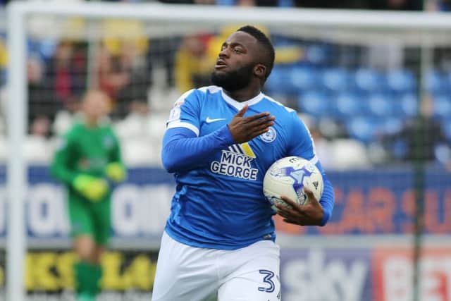Junior Morias celebrates his goal for Posh against Oldham. Photo: Joe Dent/theposh.com.