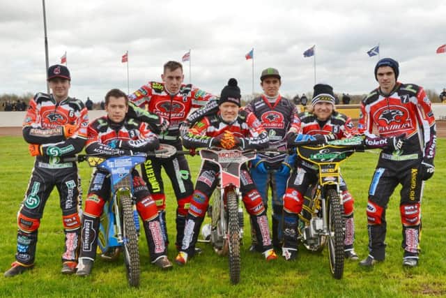 The Peterborough Panthers before they took on Coventry in a challenge match at the Showground, from left, Bradley Wilson Dean, Paul Starke, Simon Lambert, Ulrich Ostergaard, Jack Holder, Kenneth Hansen, Tom Bacon
