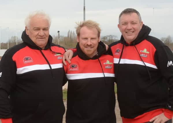 The men in charge. From the left are co-promoter Trevor Swales, team manager Carl Johnson  and owner Ged Rathbone