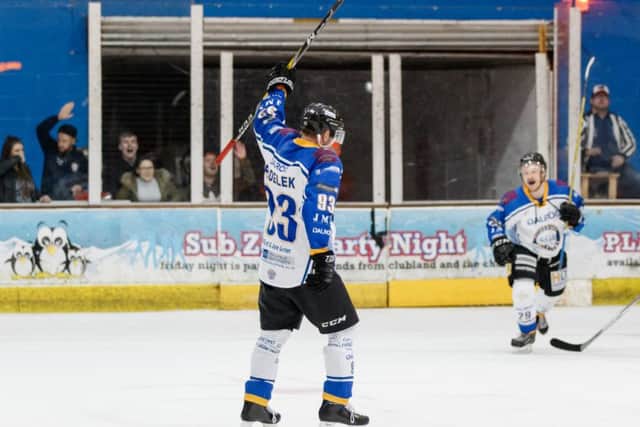 Ales Padelek celebrates scoring the game winner against Guildford last Saturday. Picture: Tom Scott