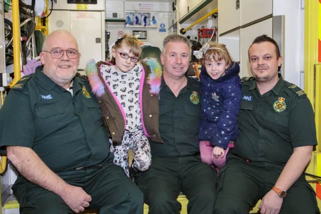 Elisha hills-steedman meets Paramedics that ultimately saved her life after a hit and run. Pictured L2R AdriaN Hobbs,  Elisha, Simon Bryan and Adam Hern.Peterborough Ambulance Station , Peterborough20/03/2017. Picture by Terry Harris / Peterborough Telegraph. THA