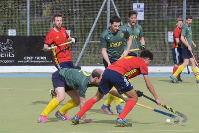 Action from City of Peterborough's disapppinting 4-4 draw in the East Premier A Division against Letchworth (green).