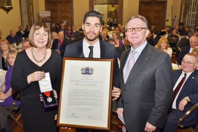 Louis Smith  receives Freedom of the City from Coun Peter Hiller and Gillian Beasley at the Town Hall EMN-170322-085836009