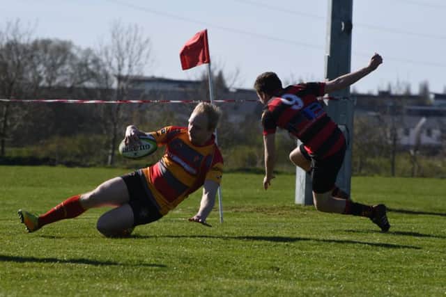 Chris Sansby touches down for Borough against Belgrave. Picture: Kevin Goodacre