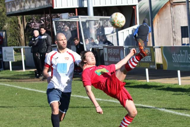 An attempted overhead kick from Kieran Blanchard for Peterborough Northern Star at ON Chenecks. Photo: Tim Gates.
