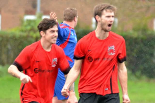 Ollie Maltby celebrates one of his 54 goals for Pinchbeck United this season.