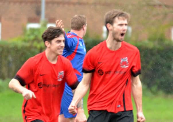 Ollie Maltby celebrates one of his 54 goals for Pinchbeck United this season.
