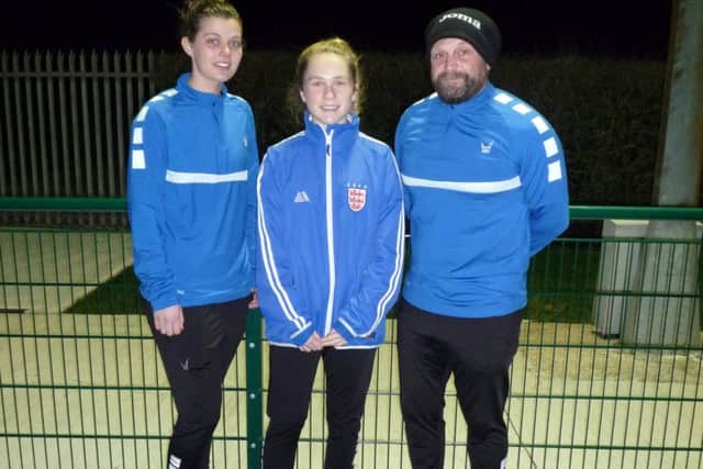 England Under 15 keeper Mollie Bull (centre) with Just4Keepers coaches Amy Martin and Ian Pledger.