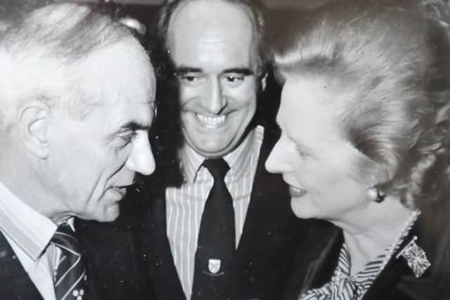 Council leader Charles Swift makes a point to Prime Minister Margaret Thatcher watched by city MP Brian Mawhinney