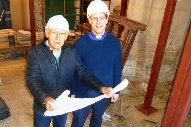 Rev Stephen Webster, vicar of St Peters Church Oundle, right with  Malcolm Winder, St Peters Church PCC project manager. The hidden staircase, right.