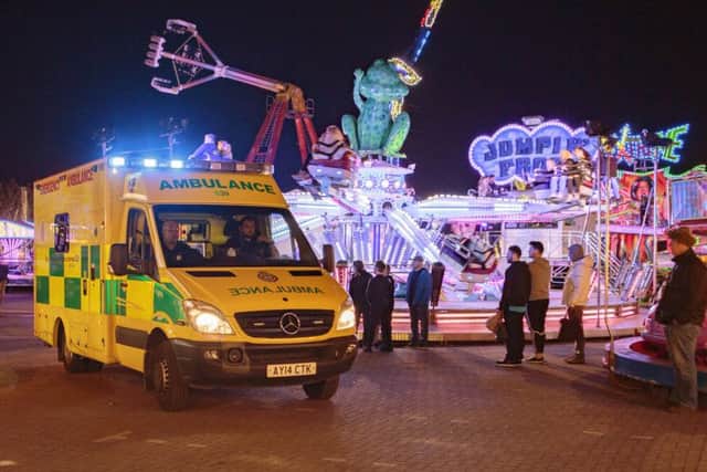 Air Ambulance, Ambulance and Police attend an incident at the fair., Fair, Peterborough 31/03/2017.  Picture by Terry Harris. THA