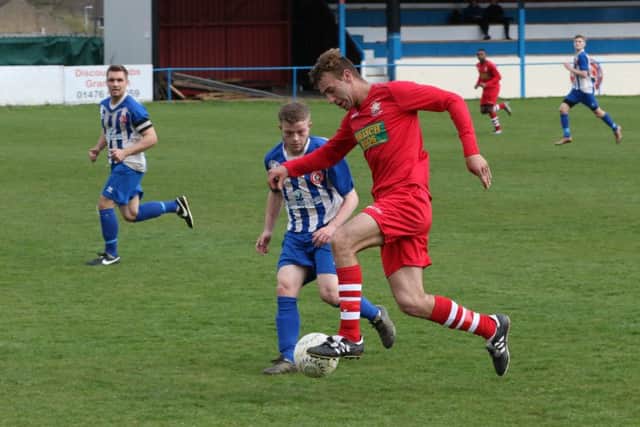 The scorer of Peterborough Northern Star's third goal Jake Mason on the ball at Harrowby. Photo: Tim Gates.