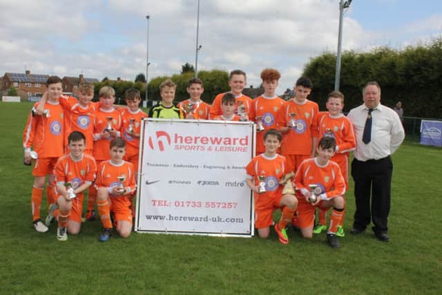 Under 13 Hereward Cup winners Spalding. They are Luis Cook, Braidon Coupland, Jacob Cundy,  Jacob Foster, Stephen Hammond, Lewis Haythorn, Isaac Rudd, William Smith, Alfie Tointon, Oliver Wilkinson, Jakub Zera. Subs: Zak Macauley, Ronnie Smith, Jordan Vellam, Joshua Walker. Picture: Julie Morton/Photos Unlimited
