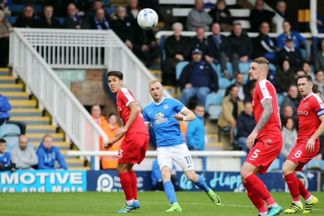 Marcus Maddison scores for Posh against Charlton. Photo: Joe Dent/theposh.com.