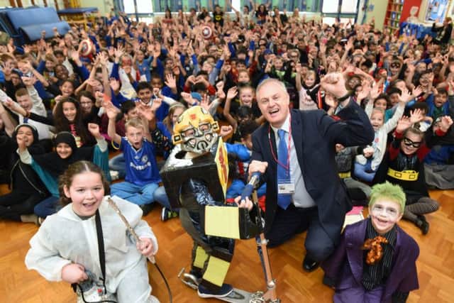 Stewart Jackson at St Thomas More RC primary school for the Sustrans superheroes day, part of the Big Pedal. He is pictured at the front with pupils Zade Pjetergjokaj and Dexter and Jack Brackenbury EMN-170331-183642009