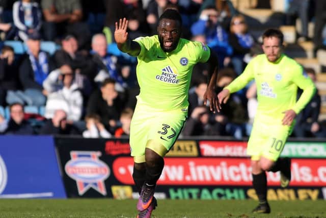 Junior Morias after his winning goal for Posh at Gillingham. Photo: Joe Dent/theposh.com.