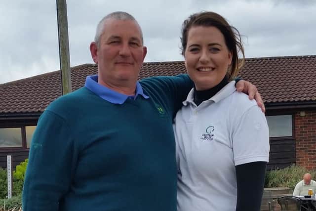 Greetham Valley captain James Ablett congratulates Emma Steele on her 25th Anniversary Trophy win.