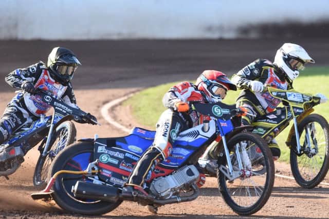 Top scorer Bradley Dean-Wilson leads heat two for Panthers in their win over Redcar. Photo: David Lowndes.