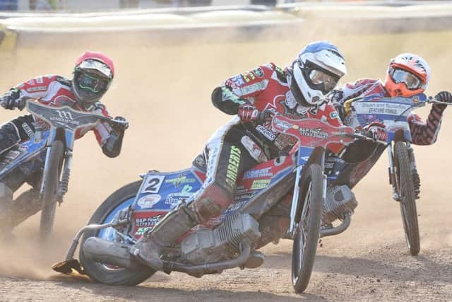 Simon Lambert leads heat six for Panthers against Redcar. Photo: David Lowndes.