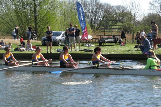 The victorious Peterborough Womens Masters B crew of  Tina Allen, Gail Parker, Sarah Smith, Ilektra Apostolidou and cox Hannah Parker.