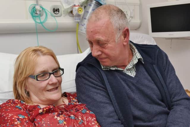 Tunisian beach terror attack victim Shirley Church, who has since lost a leg,  following surgery from injuries sustained in the attack. She is now recovering from surgery at Peterborough City Hospital. She is with her husband  Joe Church EMN-170413-194551009