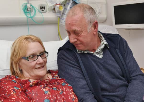 Tunisian beach terror attack victim Shirley Church, who has since lost a leg,  following surgery from injuries sustained in the attack. She is now recovering from surgery at Peterborough City Hospital. She is with her husband  Joe Church EMN-170413-194551009